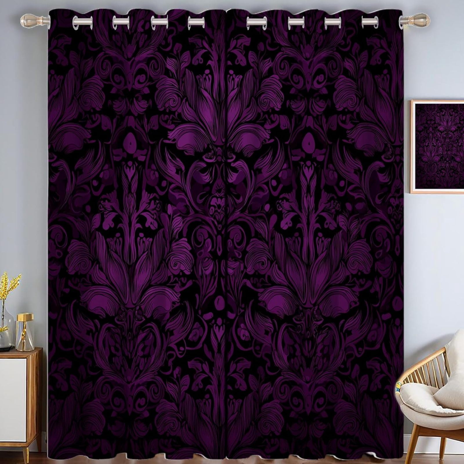Dark Purple Black Out Curtains,Dark Fantasy Style Damask Pattern ...
