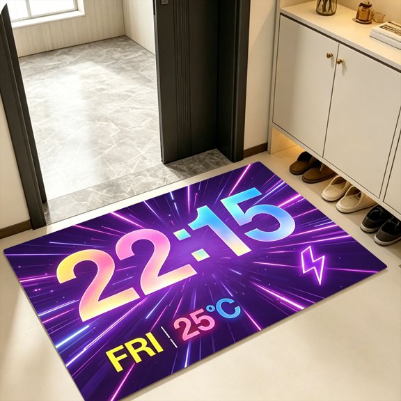 Dark Purple Burst Light Line Neon Digital Clock Lightning Symbol Doormat, Kitchen Backyard Entry Rug, Halloween Bold Abstract Futuristic Light Art Decor Gift