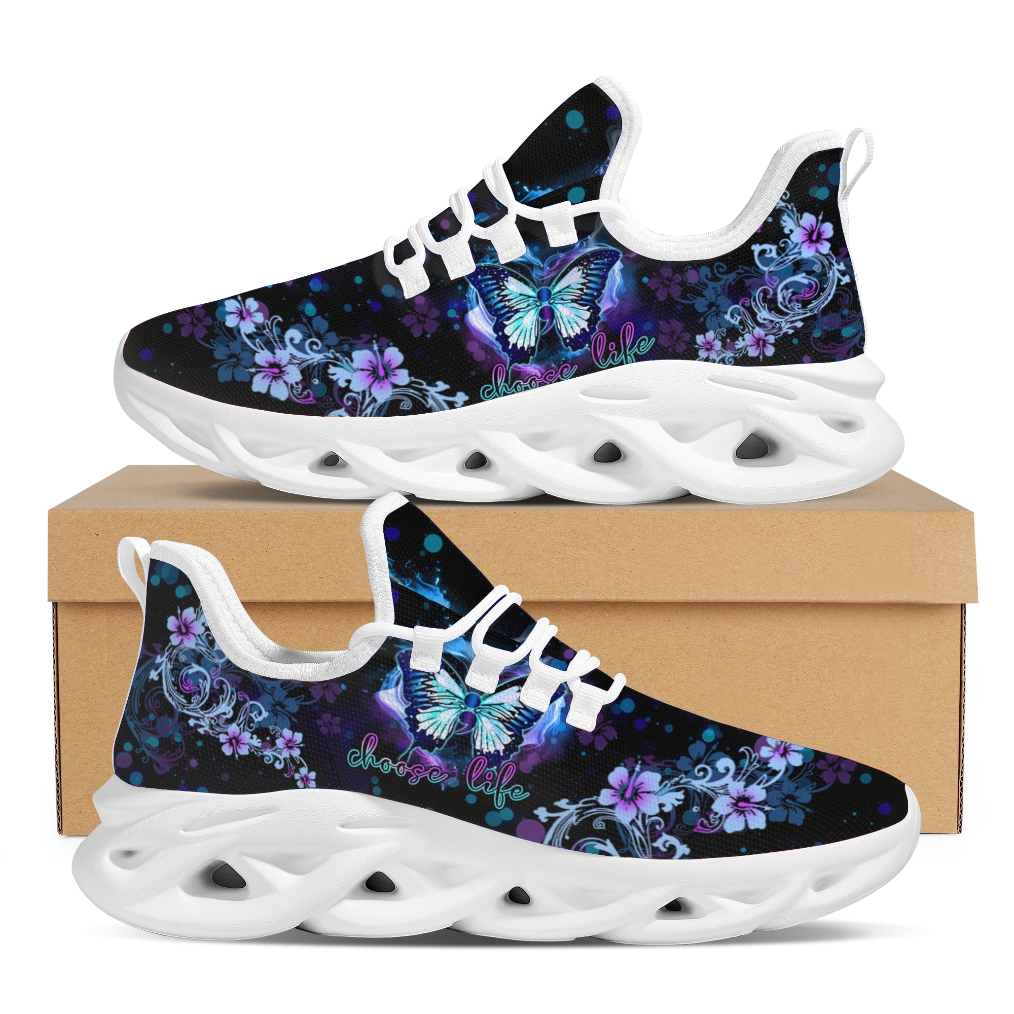 Purple Butterfly Pattern Print Black Sneaker Shoes For Men Women main image 1