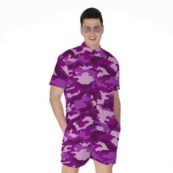 Dark Purple Camouflage Short Sleeve Men'S Rompers Casual Summer Jumpsuits Outfit