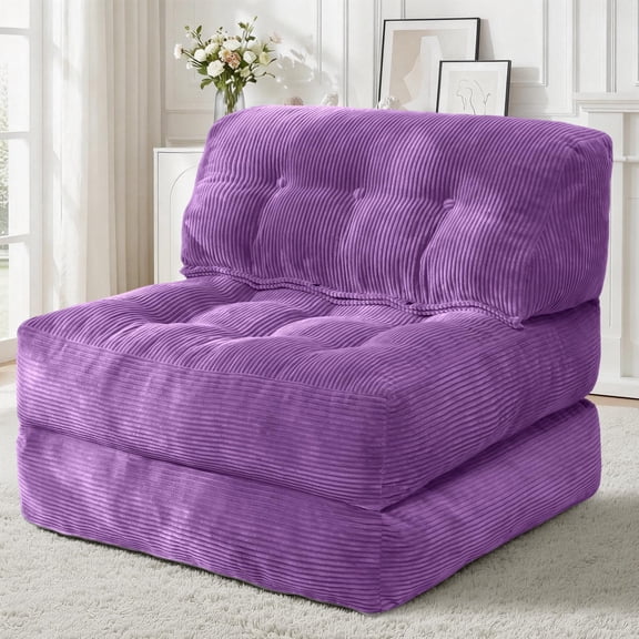 Dark Purple Corduroy Folding Sofa Bed Convertible Sleeper Chair With Tufted Back Support Portable Single Couch For Living Room Bedroom