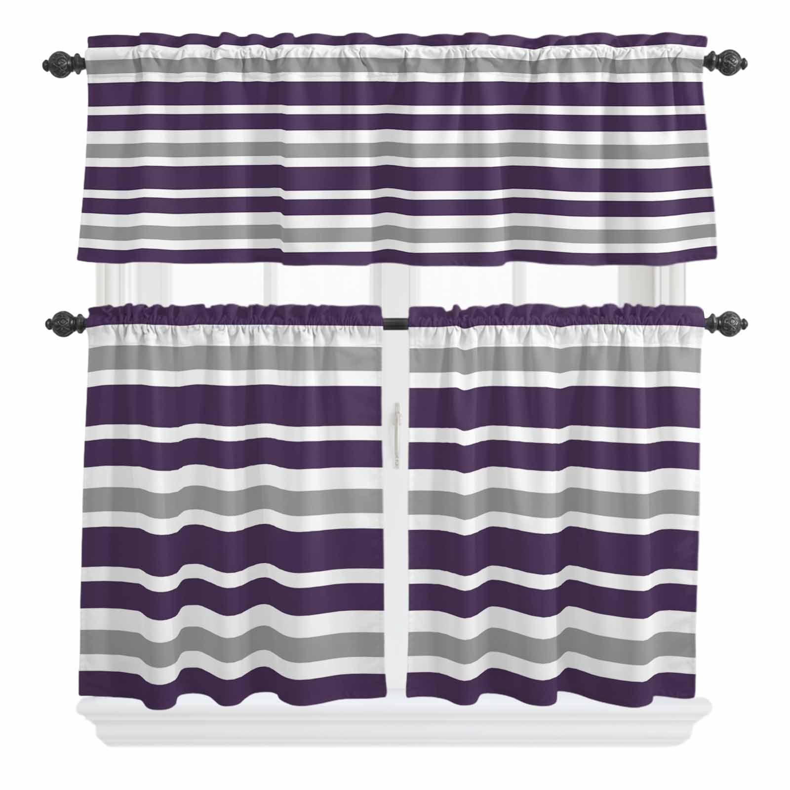 Dark Purple Curtain Valances Set Gray White Stripe Kitchen Curtains 24 ...