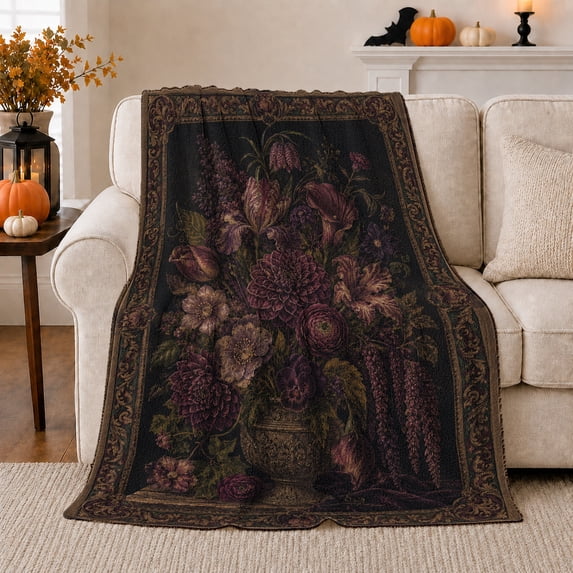 Dark Purple Floral Still Life with Hanging Blooms, Moody Gothic Vintage Flannel Blanket for Botanical Art Lovers and Housewarming Gift, Soft Home Decor for Bedroom and Living Room