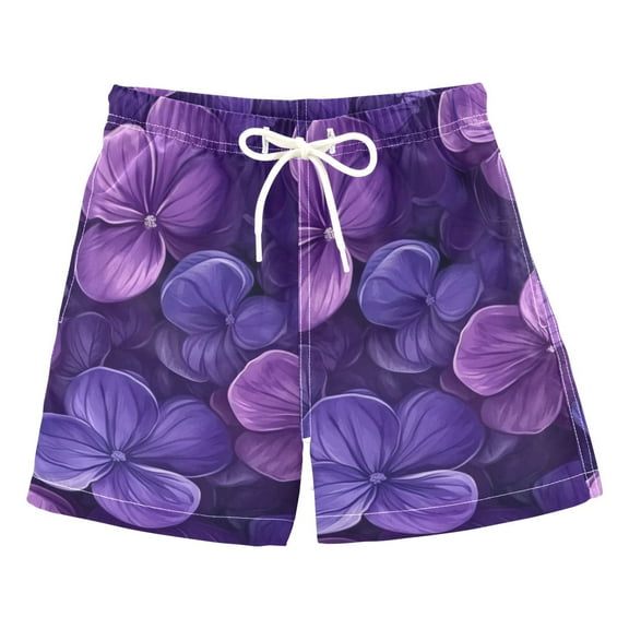 Dark Purple Flowers Boys Swim Trunks Quick Dry Boy Swim Shorts for 3-14 Years