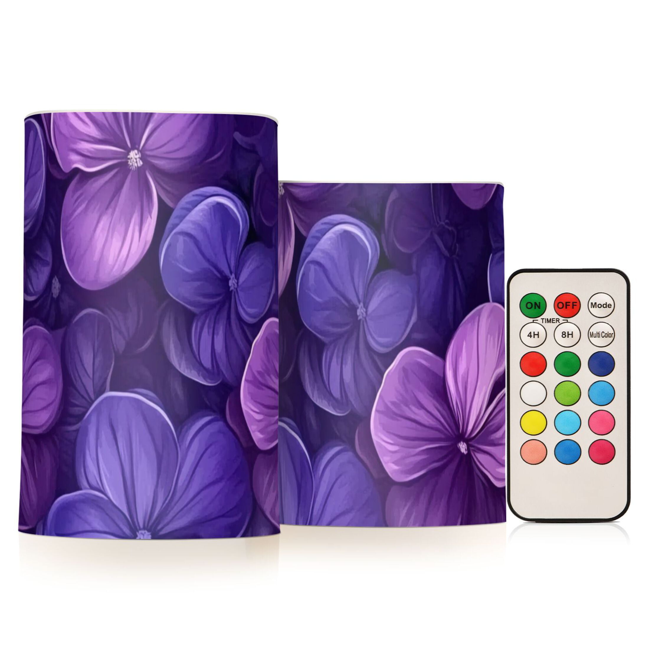 Dark Purple Flowers Flickering Flameless Candles Battery Operated with Remote Timer LED Pillar Candles Set of 2