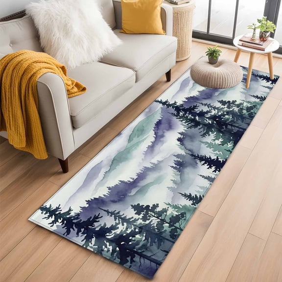 Dark Purple Forest 2'x6' Runner Rugs for Hallway Kitchen Bedside Non Slip Washable, Watercolor Clouds Trees Mountain Entryway Rug Runners with Rubber Backing, Long Carpet Runner for Laundry Room