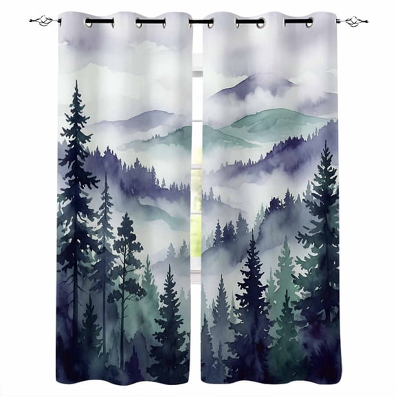 Dark Purple Forest Blackout Curtains for Bedroom Living Room Darkening Curtains 63 Inches Long Watercolor Clouds Trees Mountain Window Curtain 2 Panels Set Window Treatment Grommet Drapes 42"x63"