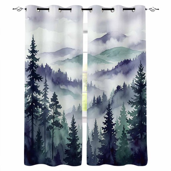 Dark Purple Forest Blackout Curtains for Bedroom/Living Room, Thermal Insulated Kitchen Curtains, Watercolor Clouds Trees Mountain Grommet Darkening Window Treatment Drapes 52"x63"x2