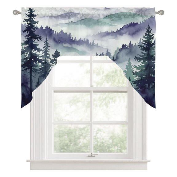 Dark Purple Forest Kitchen Curtains Swag Valance for Windows/Bathroom/Cafe, Watercolor Clouds Trees Mountain Rod Pocket Drape Panel Swag Curtains Valance for Bedroom/Living Room 56"x36"