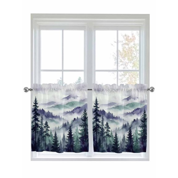 Dark Purple Forest Kitchen Curtains Tier 24 Inch Length, Watercolor Clouds Trees Mountain Rod Pocket Light Filtering Window Curtains Living Room Bedroom Curtain Drapes Cafe Curtain 27.5''x24''x2