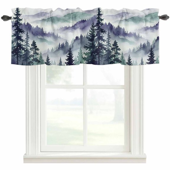 Dark Purple Forest Kitchen Valances for Windows, Watercolor Clouds Trees Mountain Bathroom Window Valances 42x12 Inch Rod Pocket Window Treatments Valance Curtains for Living Room Bedroom Decor