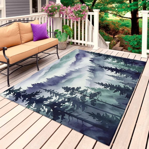 Dark Purple Forest Outdoor Rug 4x6 Ft, Non Slip Washable Area Rug, Watercolor Clouds Trees Mountain Patio Rugs Carpet Runner, Large Floor Mat for Indoor/Outdoor Deck Porch Camping