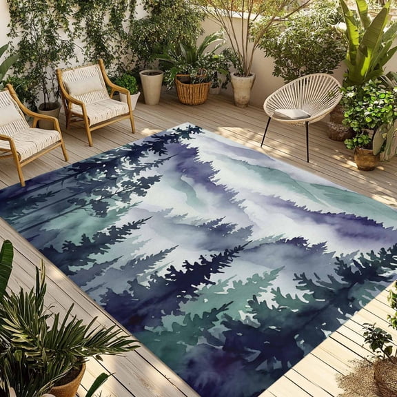 Dark Purple Forest Outdoor Rug for Patio/Deck/Porch, Non-Slip Large Area Rug 4 x 6 Ft, Watercolor Clouds Trees Mountain Indoor Outdoor Rugs Washable Area Rugs, Reversible Camping Rug Carpet Runner