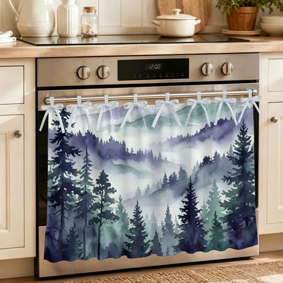 Dark Purple Forest Oven Curtain with Tie Top,Oven Skirt Curtain for Kitchen,Watercolor Clouds Trees Mountain Under OvenCover Panel for Dust & Grease Protection,Apartment RV Cabinet Curtains 27''x20''