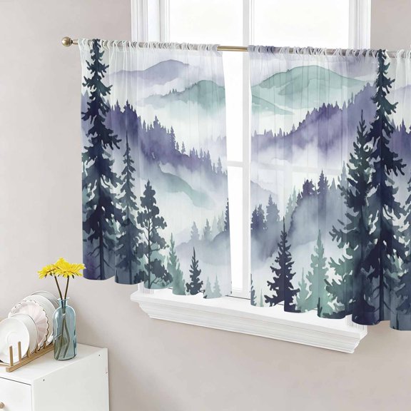 Dark Purple Forest Sheer Curtains 54 Inch Length 2 Panels Set, Watercolor Clouds Trees Mountain Voile Window Treatment Rod Pocket Short Kitchen Curtains Drapes for Bedroom 52"x54"x2