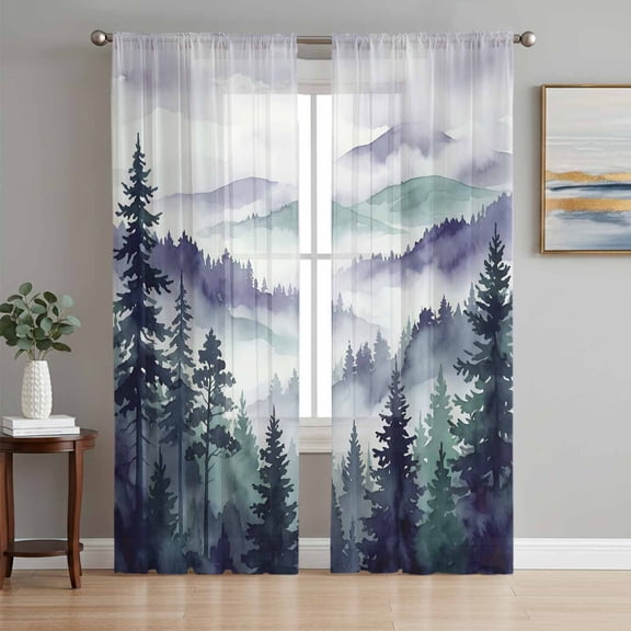 Dark Purple Forest Sheer Curtains 72 Inch Length 2 Panels Set, Watercolor Clouds Trees Mountain Voile Window Treatment Rod Pocket Curtains Sheers Drapes for Bedroom/Living Room/Kitchen 52"x72"x2