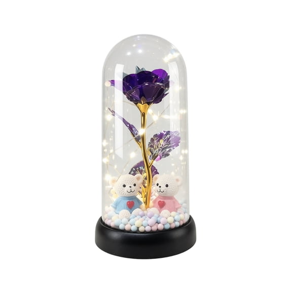 Dark Purple Galaxy Rose Glass Dome with LED Fairy Lights, Couple Bear Figurines & Color Foam Beads, Gold Foil Eternal Rose Decor Gift for Valentine's Day Anniversary Birthday