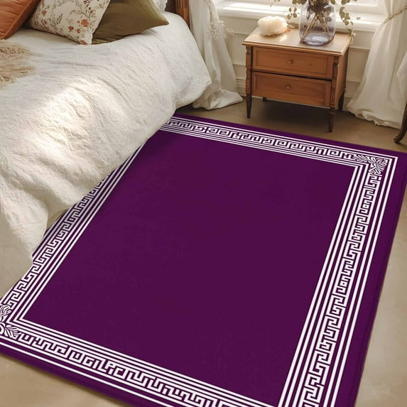 Dark Purple Geometric 3x5 Area Rugs, White Greek Key Design Abstract Modern Art Non-Skid Rubber Backing Large Rectangle Rugs - Living Room Bedroom Home Office, Indoor Floor Mat Carpets Washable Rug