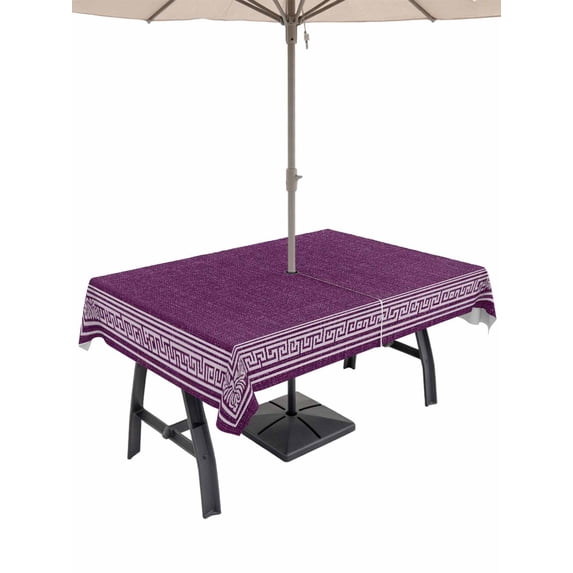 Dark Purple Geometric Outdoor Tablecloth with Umbrella Hole, White Greek Key Design Burlap Modern Art Waterproof Outdoor Table Cover, Patio Tablecloths for Party Picnic Camping, Rectangle 52"x70"