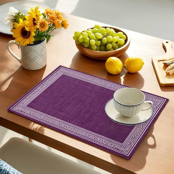 Dark Purple Geometric Placemats Set of 2, White Greek Key Design Placemats for Dining Table, Burlap Place Mats for Kitchen Tabletop, Modern Art Waterproof Wipeable Dining Table Mats Set