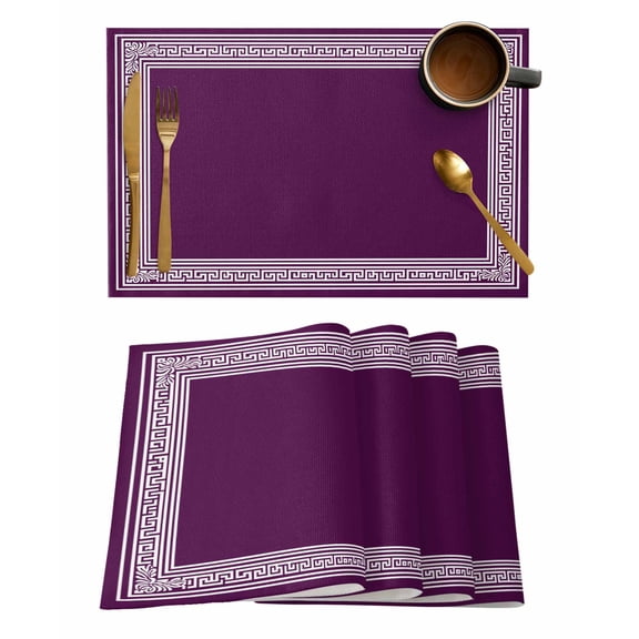 Dark Purple Geometric Placemats Set of 4, White Greek Key Design Abstract Modern Art Placemats for Dining Table, Place Mats for Kitchen Tabletop, Waterproof Wipeable Dining Table Mats Set
