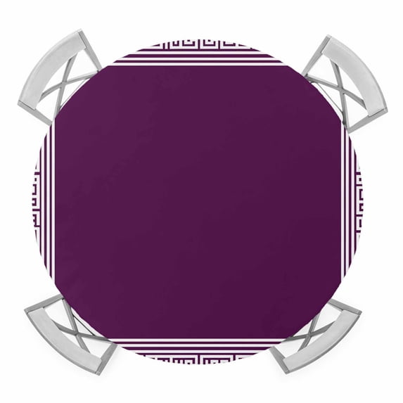 Dark Purple Geometric Round Fitted Tablecloth with Elastic Edge, Waterproof Table Cloth Table Cover for 45"-54" Tables, White Greek Key Design Abstract Modern Tablecloths for Dining Picnic Outdoor