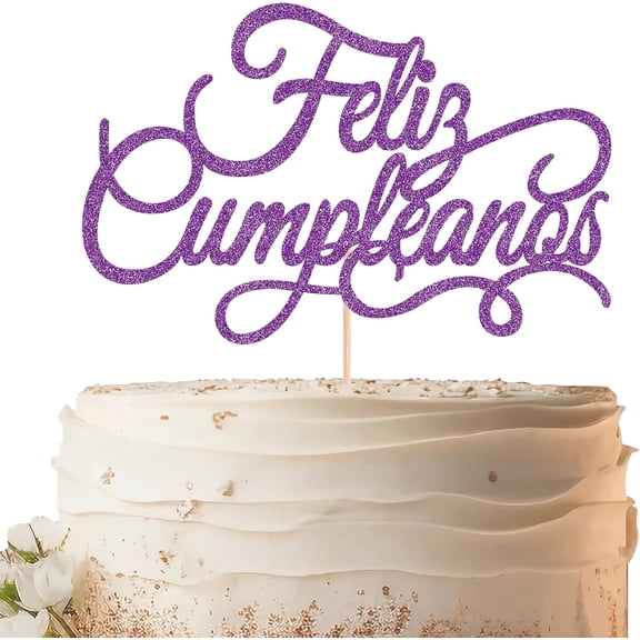 Dark Purple Glitter Feliz Cumpleanos Cake Topper, Pre-Assembled Spanish Birthday Cake Topper for Fiesta Birthday Decor(1 Count)