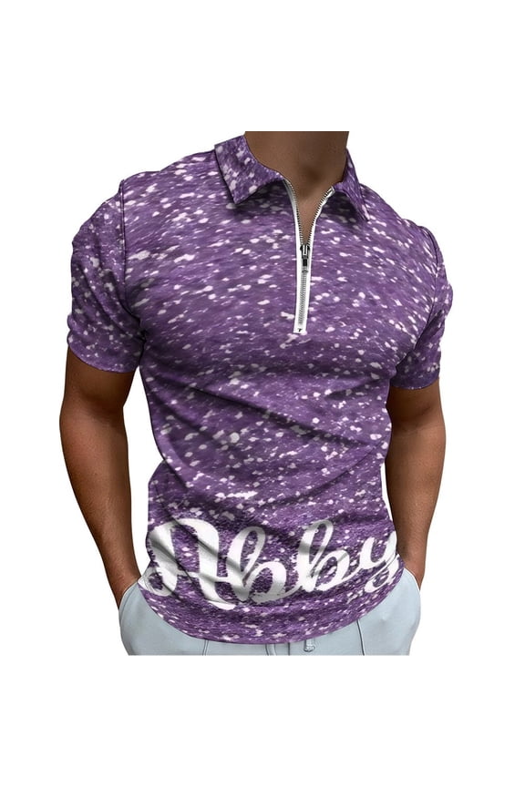 Dark Purple Glitter Men Zipper T-shirt Summer Casual Short Sleeve T-shirt Top