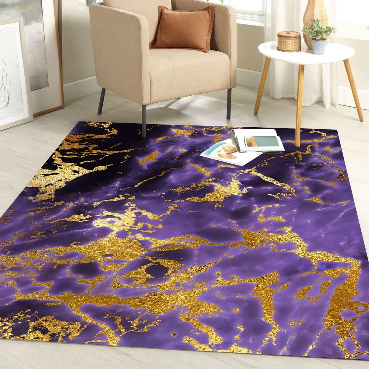 Dark Purple Gold Modern Marble Abstract Area Rug For Living Room ...
