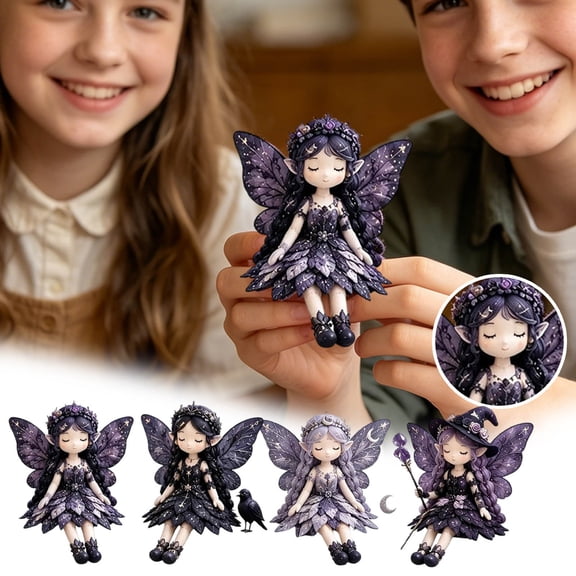 Dark Purple Gothic Fairy Figurine, Mini Sleeping Elf Fairy Statue with Glitter Star Butterfly Wings, Dark Fairycore Tabletop Ornament for Bookshelf Tiered Tray Bedroom Decor Girls Birthday Gift 8cm