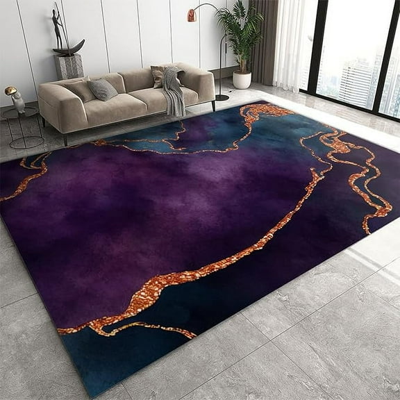 Dark Purple Gradient Marble Area Rug, Luxurious Gold Stripes Washable Rectangle Rug, Soft Non-Slip Carpet For Living Room Bedroom Office Entryway 5 x 6ft