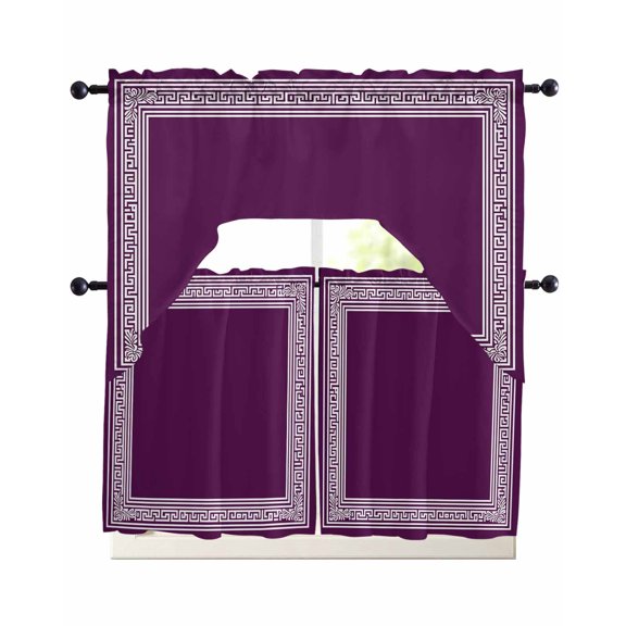 Dark Purple Greek Key Kitchen Curtains Sets for Windows 3 Piece, Geometric Greece Ancient Farmhouse Geo Kitchen Curtains and Valances Tier Set 24 Inch Length Swag Curtain for Living Room Cafe