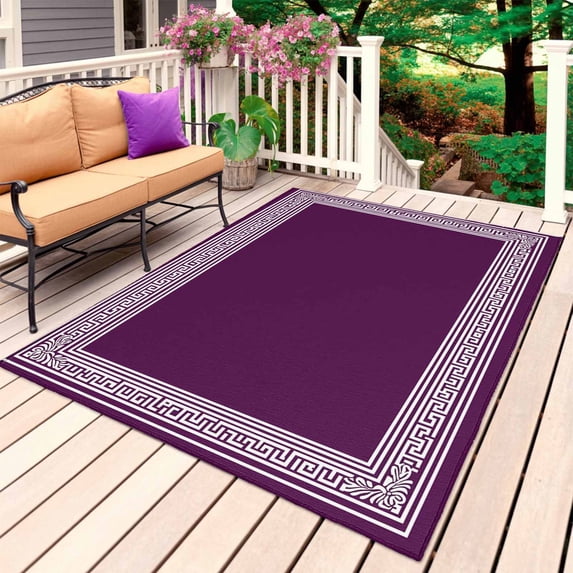 Dark Purple Greek Key Outdoor Rug for Patio/Deck/Porch, Non-Slip Large Area Rug 5 x 8 Ft, Geometric Greece Ancient Farmhouse Geo Indoor Outdoor Rugs Washable Area Rugs, Camping Rug Carpet Runner