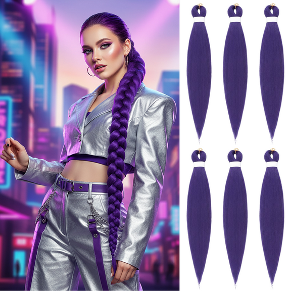 Dark Purple Hair Extensions, 26 Inch 6 Packs Braiding Hair Pre Stretched Purple Yaki Braiding Hair Synthetic Hair Colored Braiding Hair Crochet Hair