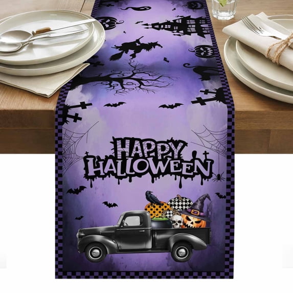Dark Purple Halloween Table Runner - 108 Inch Long, Kitchen Dining Table Runner Dresser Scarves, Spooky Truck Pumpkins Crow Spi-der Farmhouse Decor for Coffee Tables Wedding Party Banquet