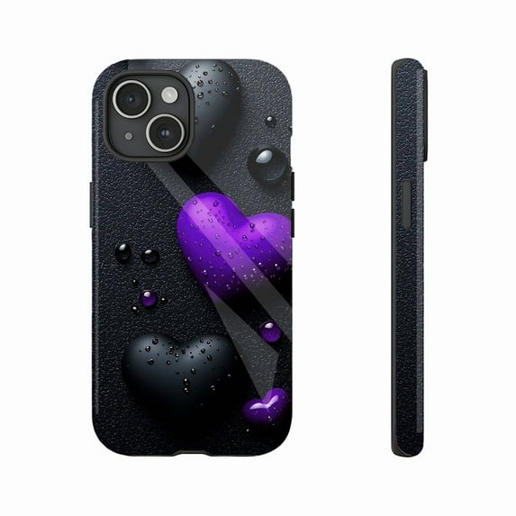 Dark Purple Heart Glossy Waterdrop iPhone Case for Teenagers Adults Valentine's Day Gift Compatible with iPhone 11/12/13/14/15/16 (Pro Max/Plus)