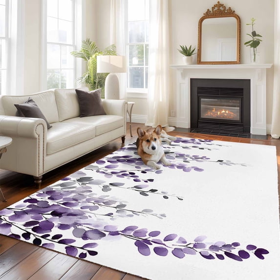 Dark Purple Large Area Rugs 8x10 ft Eucalyptus Leaves Watercolor Plants Country Washable Rug Non Slip Indoor Carpet Absorbent Floor Mat for Living Room Bedroom Dining Room