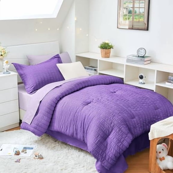 Dark Purple/Lavender Twin XL Comforter Set Seersucker 5 Pieces, All Season Luxury Bed in a Bag for Bedroom, Bedding Set with Comforter, Sheets, Pillowcase & Sham