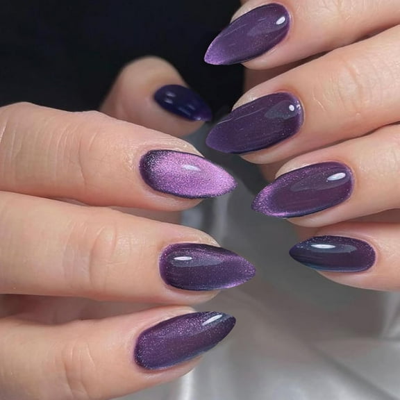 Dark Purple Magnet Cat Eyes Press on Nails Short Almond, Black Aurora Handmade Jelly Gel Fake Nail Kit, Ombre Glitter Magnetic Glue on Nail Stiletto, Medium Oval Stick on False Nail Women Berkeley