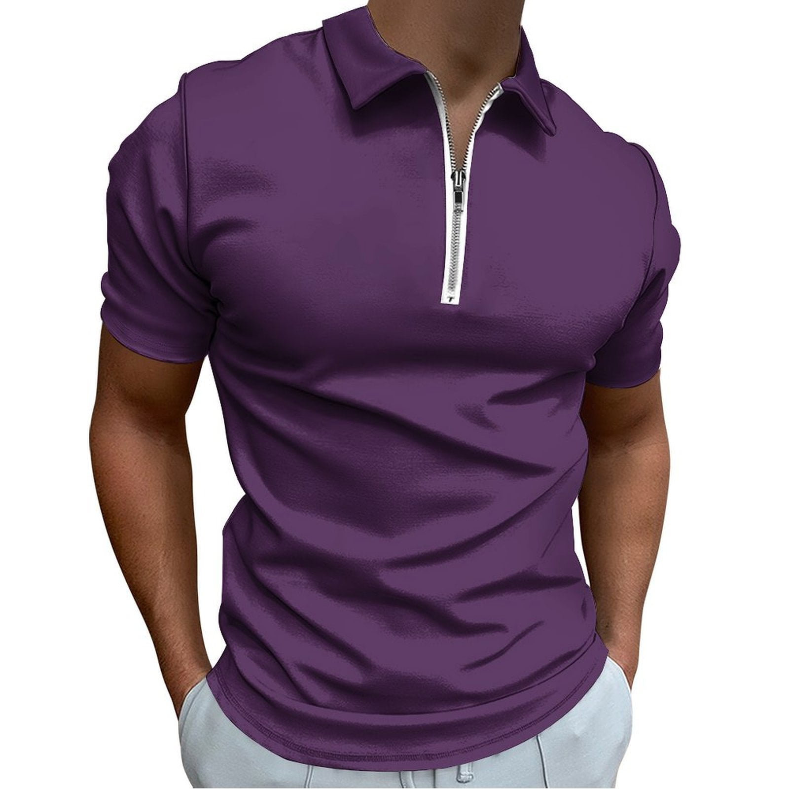 Dark Purple Men Zipper T-shirt Summer Casual Short Sleeve T-shirt