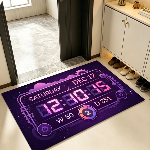 Dark Purple Nebula Gear Frame HUD Neon Clock December Week Doormat, Kitchen Backyard Entry Rug, Halloween Cosmic Starry Steampunk Cyber Interface Decor Gift