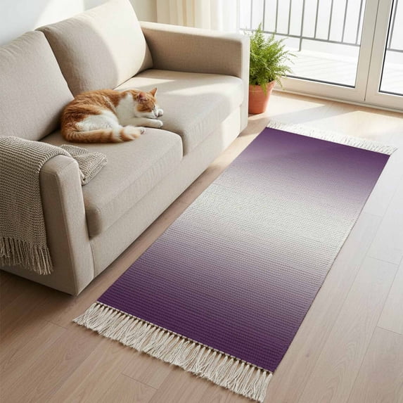 Dark Purple Ombre Kitchen Runner Rug 2'x4',Purple White Gradient Modern Abstract Art Washable Rug with Tassels,Non Slip Woven Cotton Bathroom Rugs Hallway Carpet for Foyer Bedroom Entry Back Door