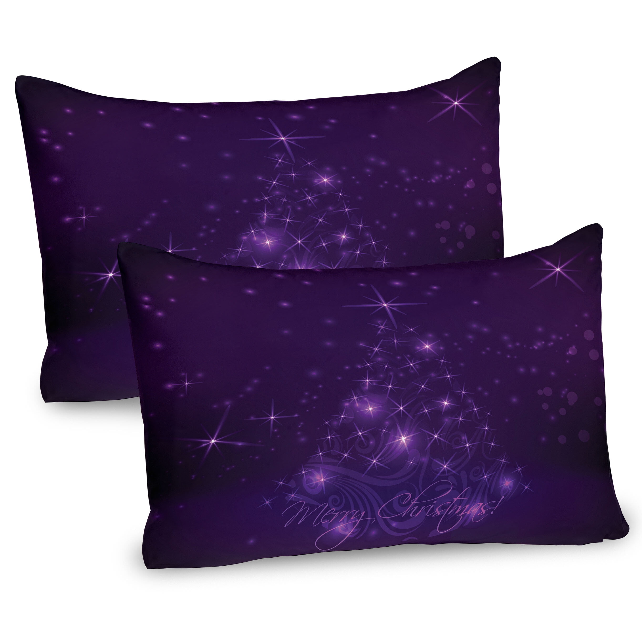 Dark Purple Pillow Sham Set of 2, Merry Christmas Calligraphy Under a