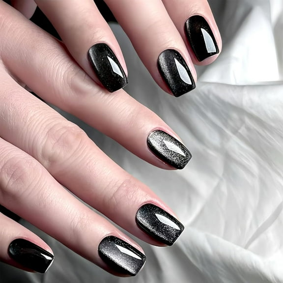 Dark Purple Press on Nails Medium Square Fake Nails Cat Eye Acylic Nails Gel Glitter Reusable Glue on Nails Glossy False Nails Artificial Stick on Nails for Women 24 Pcs Dark Purple Black Cat Eye