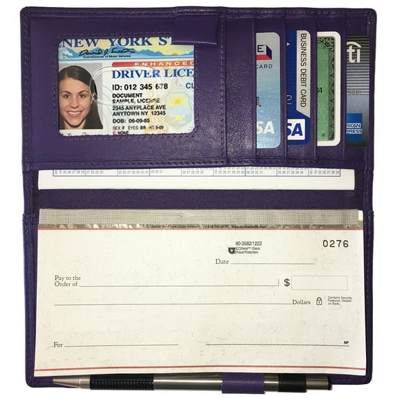 Dark Purple RFID Leather Checkbook Cover with Credit Card Slots and Pen Holder
