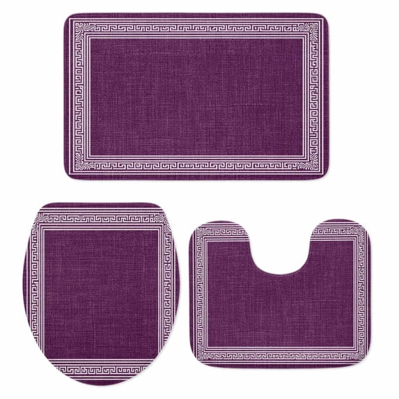 Dark Purple Retro Greek Key Bath Mat 3 Piece Bathroom Rug Set,Geometric Greece Ancient Farmhouse Non Slip Bath Rug Contour Mat and Toilet Lid Cover,Absorbent Shower Mats Soft Bath Rugs and Mats Sets