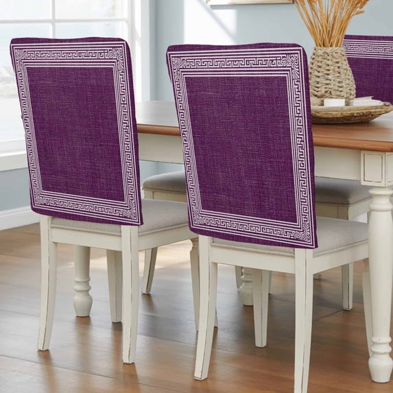 Dark Purple Retro Greek Key Chair Back Covers, Geometric Greece Ancient Farmhouse Removable Chair Covers for Dining Chairs Set of 8, Chairs Slipcovers Back Seat Protector for Wedding Party 19"x20"