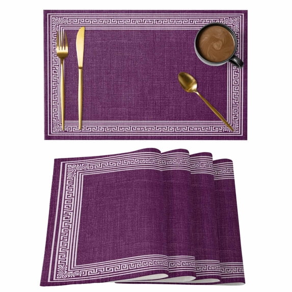 Dark Purple Retro Greek Key Placemats Set of 4,Cotton Linen Fabric Place Mats,Geometric Greece Ancient Farmhouse Decorative Table Mats Protector for Home Kitchen Dining Wedding Party Coffee Tables