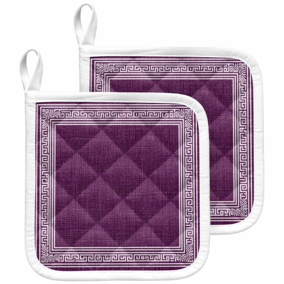 Dark Purple Retro Greek Key Pot Holders for Kitchen Heatproof Potholder, 2 Pack Geometric Greece Ancient Farmhouse Hot Pads Multipurpose Oven Pads Cloth Potholders Trivet for Cooking and Baking