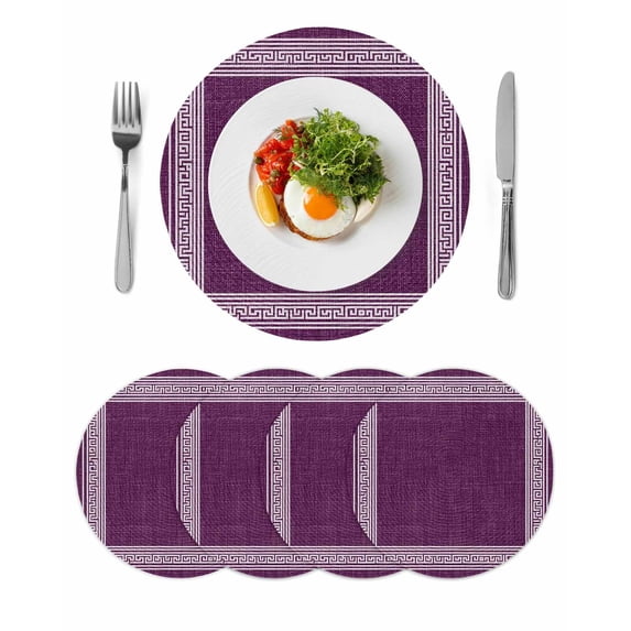 Dark Purple Retro Greek Key Round Placemats Set of 4 for Dinning Tables,Heat-proof Braided Table Mats 13 Inch,Geometric Greece Ancient Farmhouse Washable Place Mat for Kitchen Restaurant Party Table